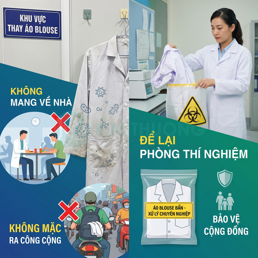 Áo blouse phòng thí nghiệm bẩn được cho vào túi xử lý chuyên nghiệp, không mang về nhà hoặc mặc ra nơi công cộng