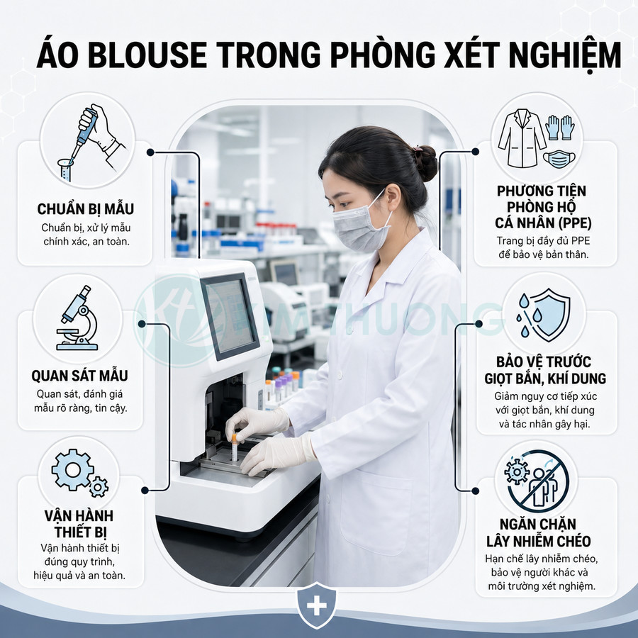 Nhân viên xét nghiệm mặc áo blouse trắng, khẩu trang và găng tay vận hành máy phân tích trong phòng thí nghiệm