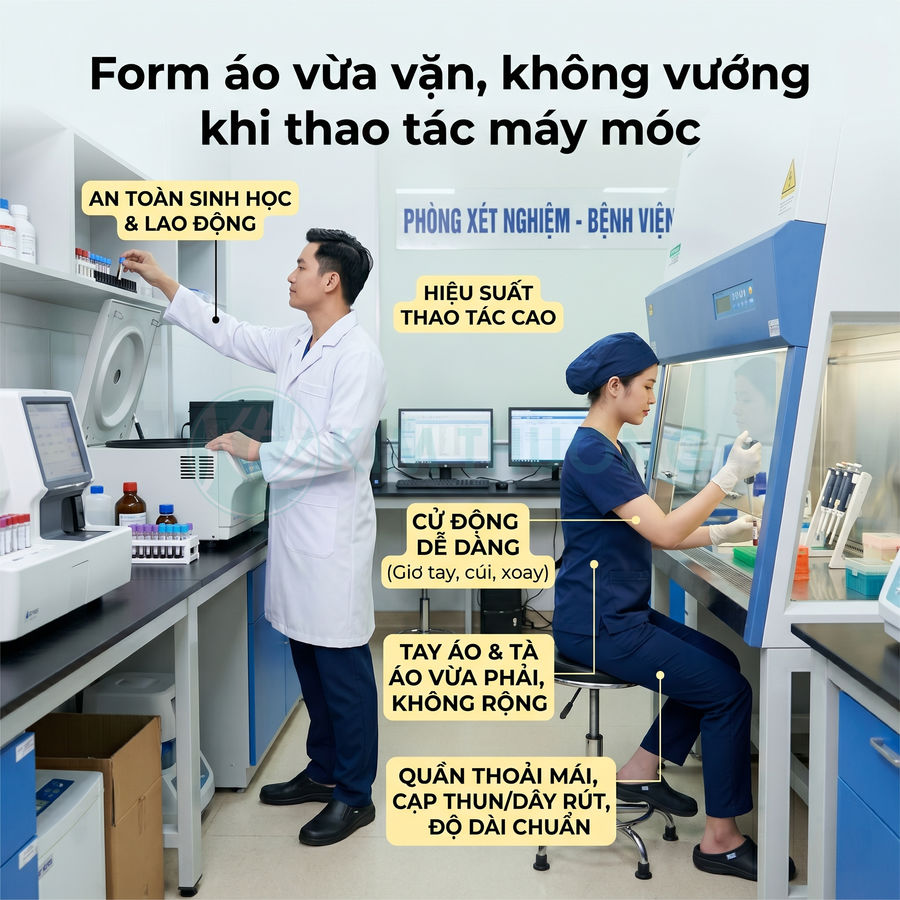 Đồng phục phòng xét nghiệm bệnh viện form vừa vặn giúp kỹ thuật viên thao tác máy móc an toàn, thoải mái