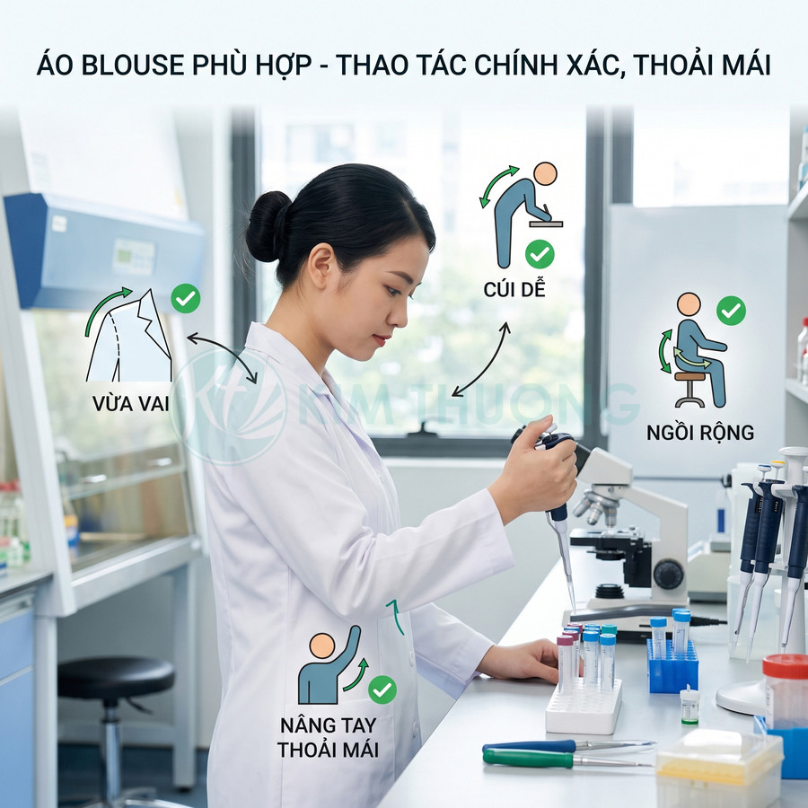 Áo blouse phòng thí nghiệm vừa vặn giúp nữ kỹ thuật viên thao tác pipet chính xác và thoải mái