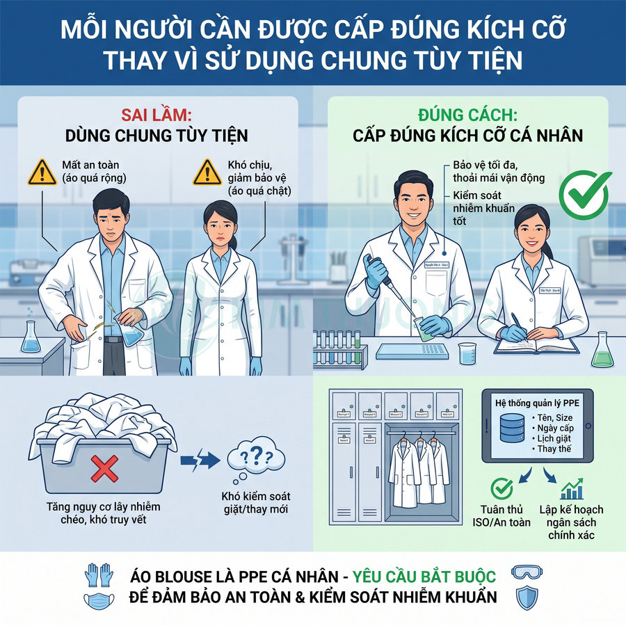 Áo blouse phòng thí nghiệm PPE cá nhân được cấp đúng kích cỡ để bảo đảm an toàn và kiểm soát nhiễm khuẩn
