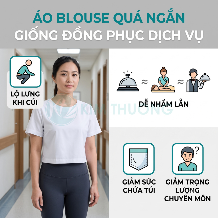 Nữ nhân viên y tế mặc áo blouse trắng dáng crop top quá ngắn, không phù hợp môi trường bệnh viện