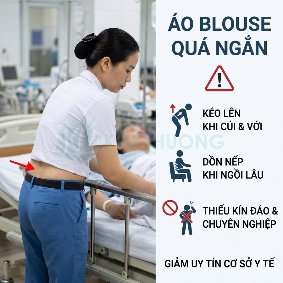 Áo blouse y tá quá ngắn khi cúi người chăm sóc bệnh nhân, để lộ lưng gây thiếu kín đáo và kém chuyên nghiệp