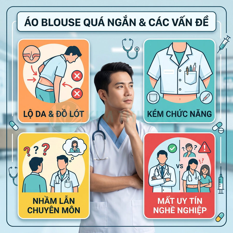 Bác sĩ nam mặc áo blouse suy nghĩ bên cạnh infographic cảnh báo tác hại áo blouse quá ngắn trong môi trường y tế