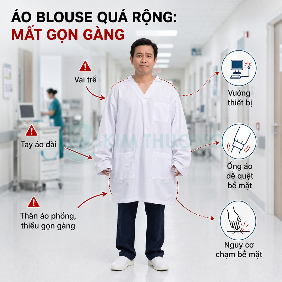 Áo blouse y tế quá rộng với tay áo dài, thân áo phồng gây vướng thiết bị và dễ chạm bề mặt trong bệnh viện