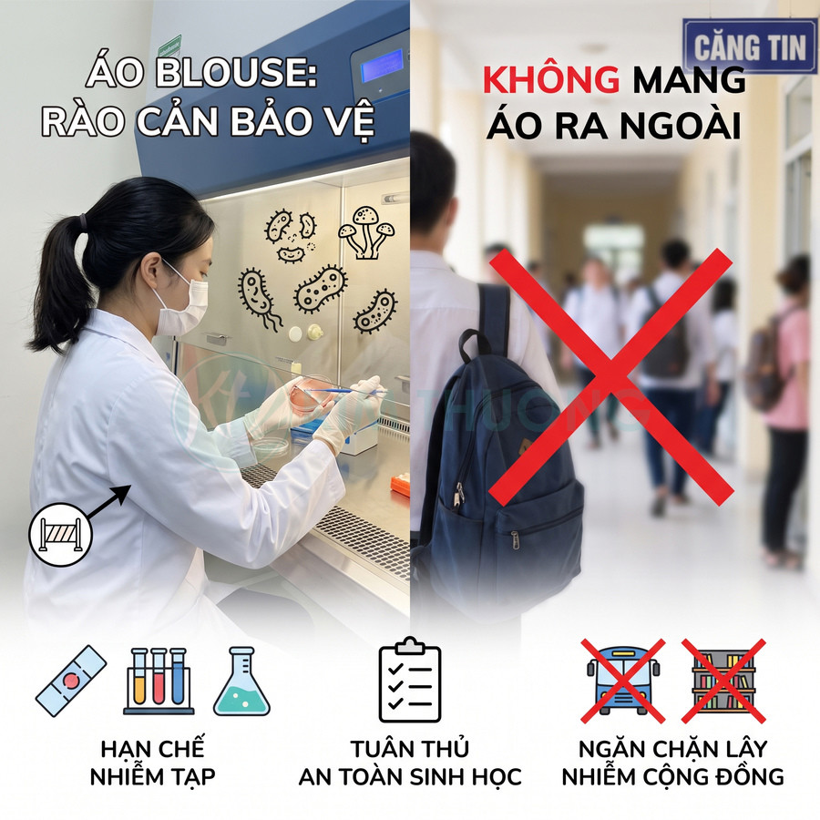 Áo blouse phòng thí nghiệm giúp hạn chế nhiễm bẩn, cần tuân thủ an toàn sinh học và không mặc ra ngoài khu vực làm việc