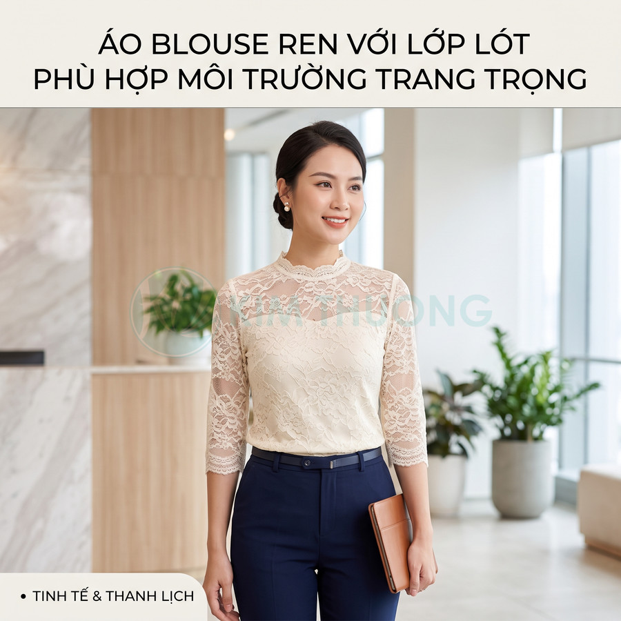 Áo blouse ren trắng tay lửng phối quần tây xanh navy thanh lịch cho nữ văn phòng