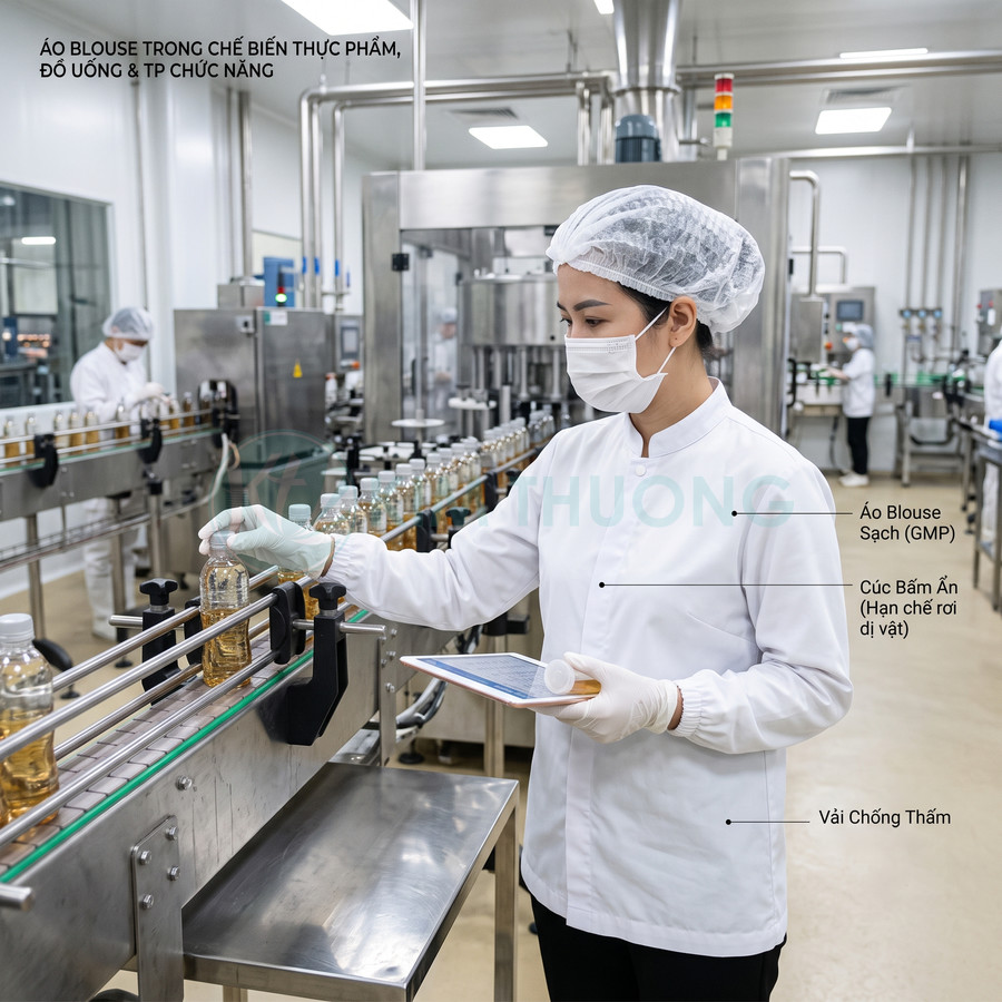 Nhân viên mặc áo blouse sạch GMP kiểm tra chai đồ uống trên dây chuyền sản xuất trong nhà máy thực phẩm
