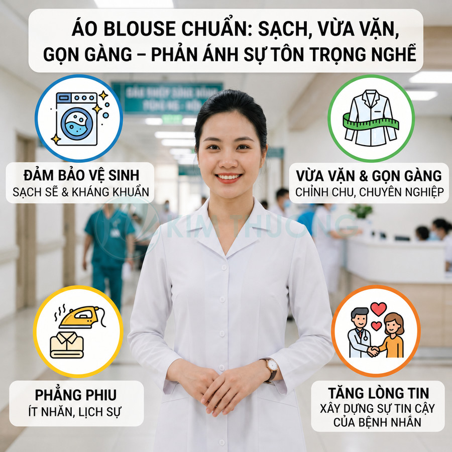 Nữ bác sĩ mặc áo blouse trắng sạch sẽ gọn gàng đứng trong hành lang bệnh viện