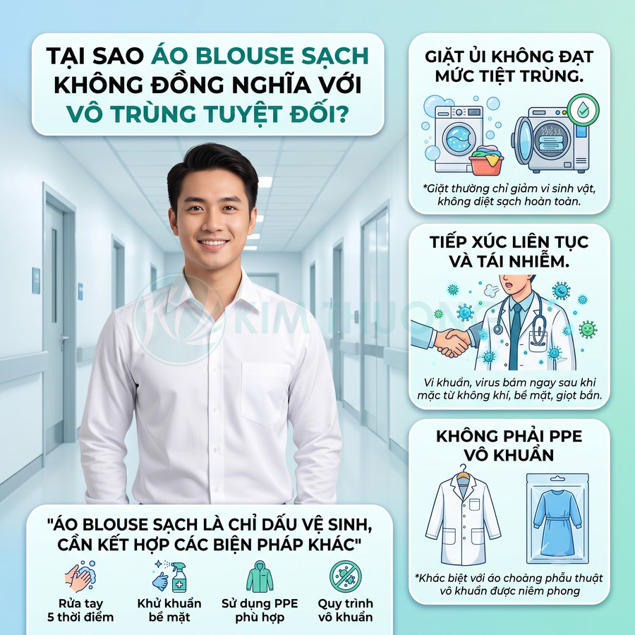 Bác sĩ mặc áo blouse trắng đứng trong hành lang bệnh viện với infographic giải thích áo blouse sạch không vô trùng tuyệt đối