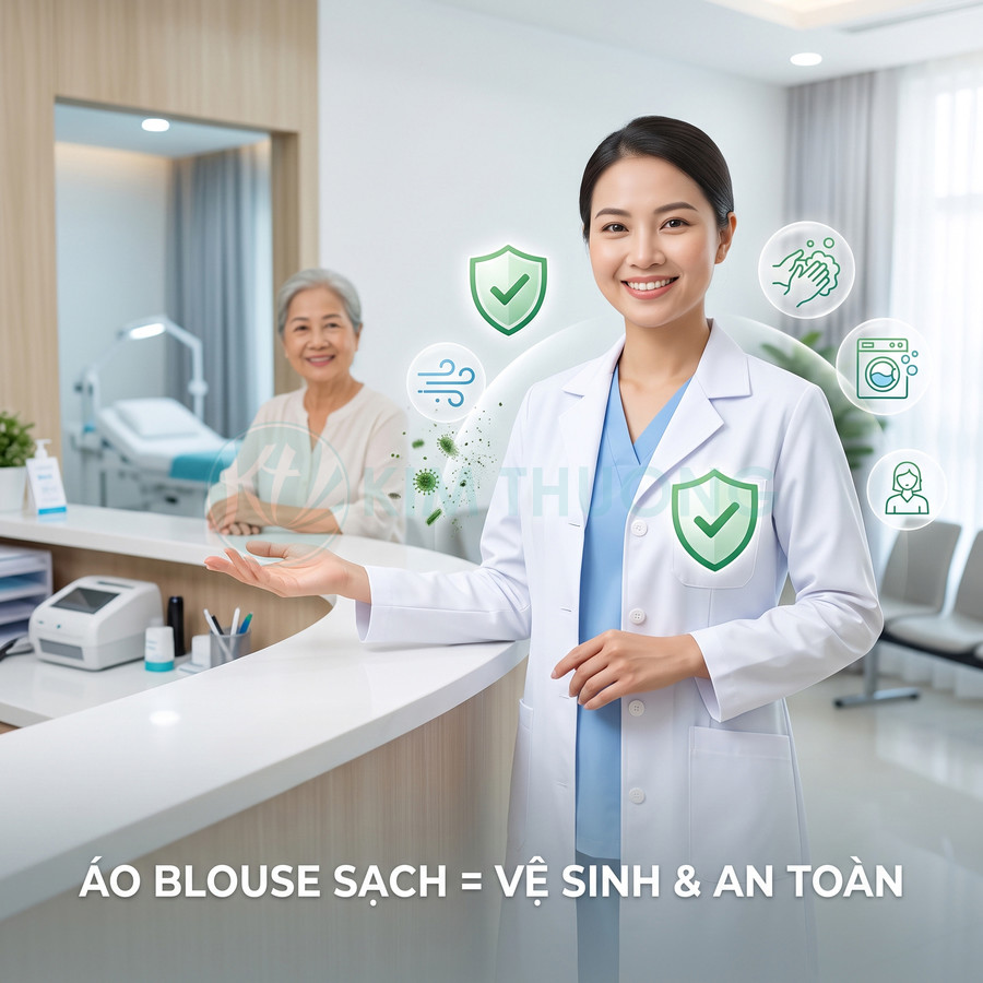 Bác sĩ mặc áo blouse trắng sạch sẽ đứng tại quầy tiếp đón bệnh viện, biểu tượng kháng khuẩn và an toàn vệ sinh