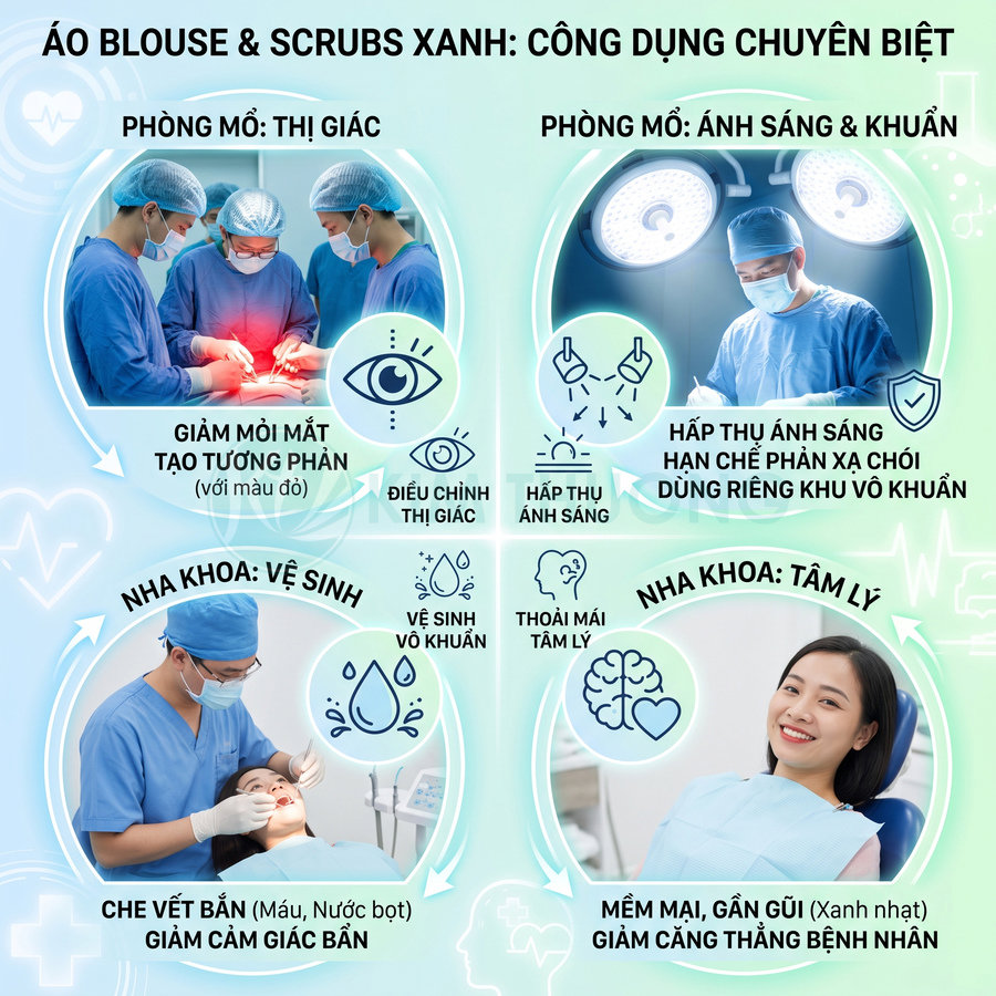 Áo blouse và scrubs xanh trong phòng mổ và nha khoa giúp giảm mỏi mắt, vệ sinh vô khuẩn và tạo cảm giác thoải mái
