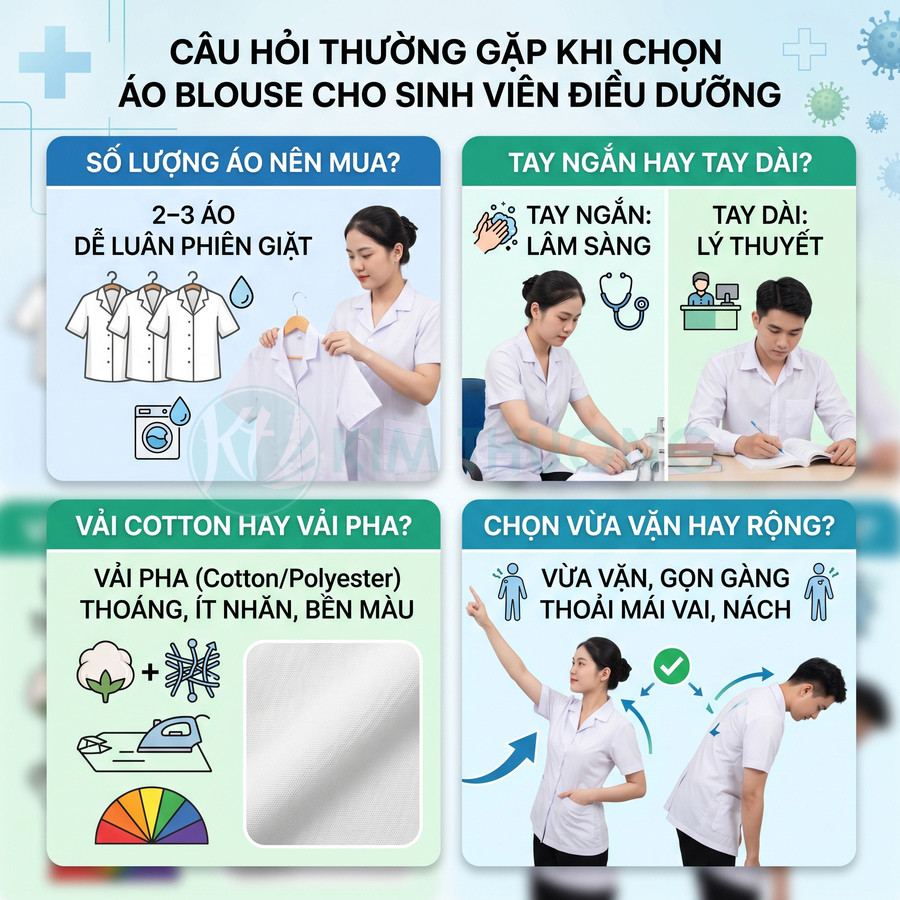 Áo blouse trắng cho sinh viên điều dưỡng tay ngắn chất liệu vải pha cotton polyester thoáng mát gọn gàng