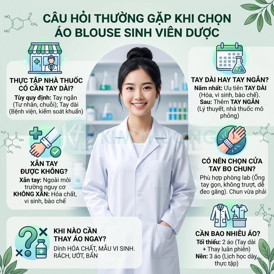 Áo blouse trắng cho sinh viên dược nữ đứng trong phòng thí nghiệm, tay đút túi, nền minh họa câu hỏi chọn áo