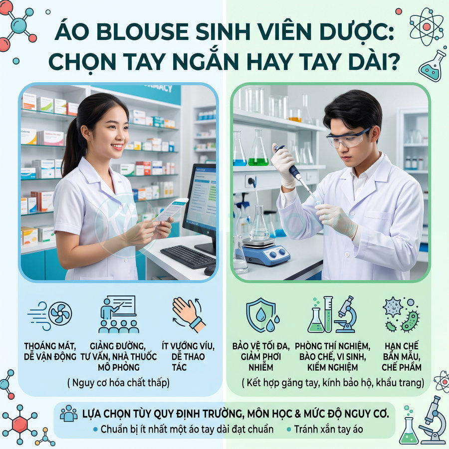 Áo blouse sinh viên dược tay ngắn và tay dài trong nhà thuốc và phòng thí nghiệm