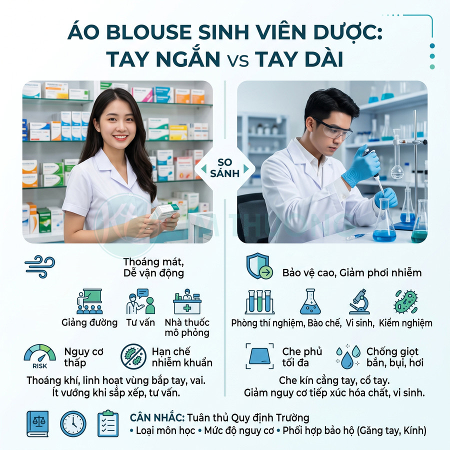 So sánh áo blouse sinh viên dược tay ngắn và tay dài trong nhà thuốc và phòng thí nghiệm