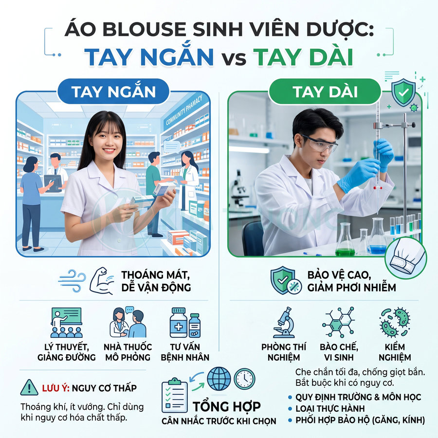 So sánh áo blouse sinh viên dược tay ngắn và tay dài, ưu nhược điểm cho từng môi trường thực hành