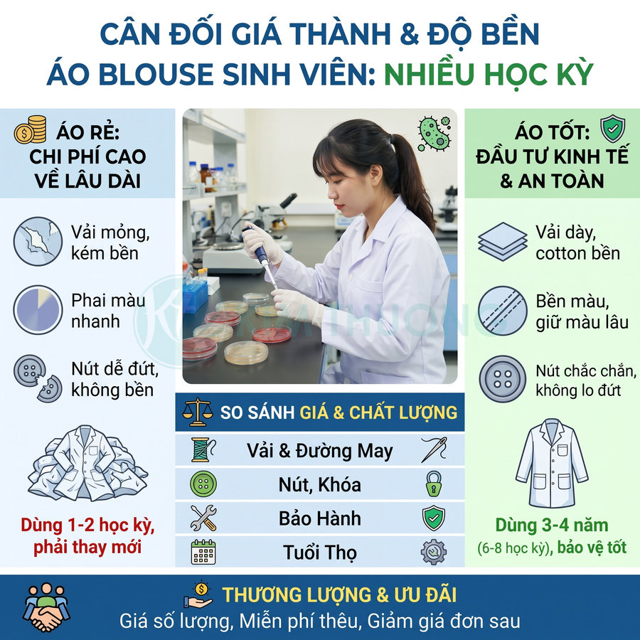 Áo blouse sinh viên màu trắng, so sánh chất liệu, giá thành và độ bền khi sử dụng lâu dài.