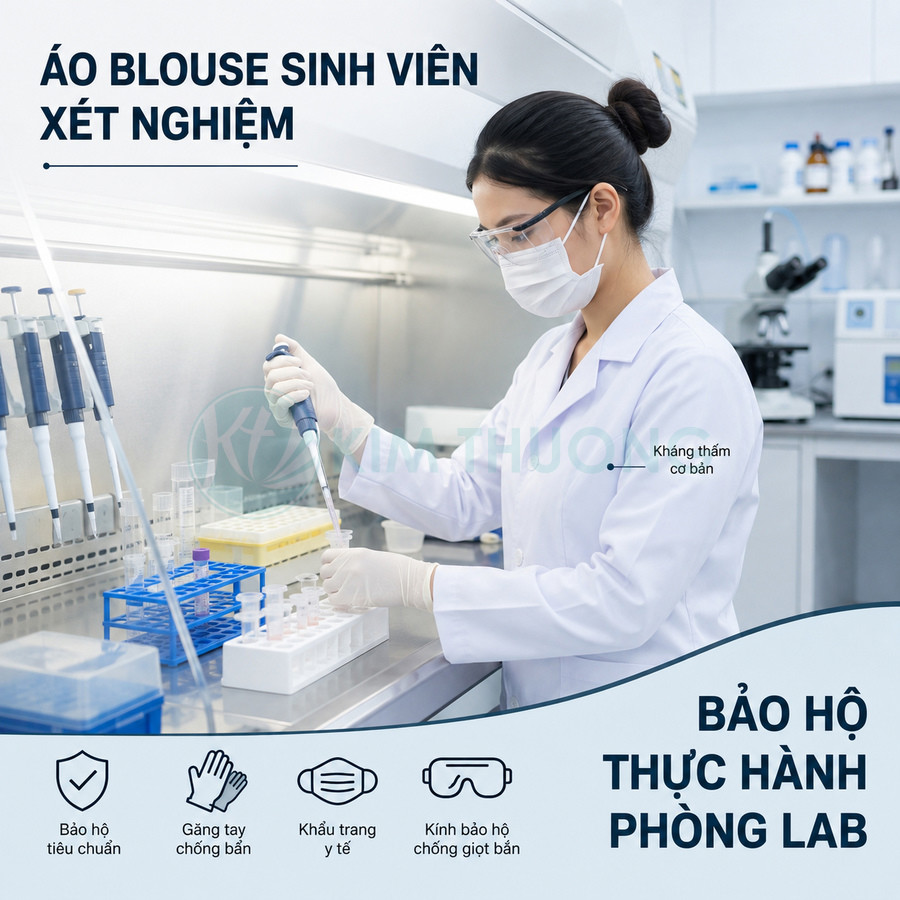 Áo blouse sinh viên xét nghiệm màu trắng cho thực hành phòng lab, kèm găng tay khẩu trang kính bảo hộ