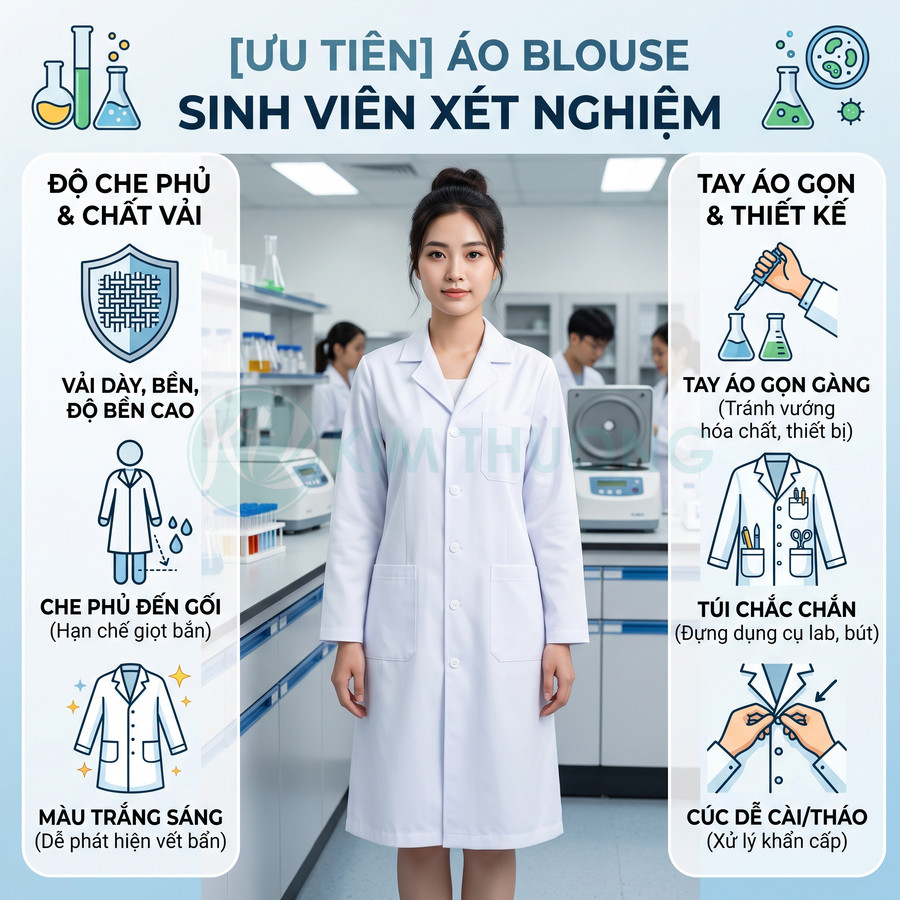 Nữ sinh viên mặc áo blouse trắng dài tay trong phòng thí nghiệm, áo dày bền che phủ đến gối, túi lớn tiện dụng
