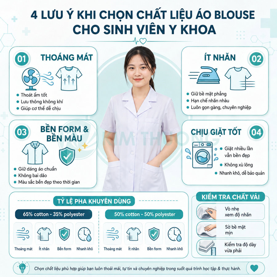Nữ sinh viên y khoa mặc áo blouse trắng đứng giữa infographic hướng dẫn chọn chất liệu áo blouse