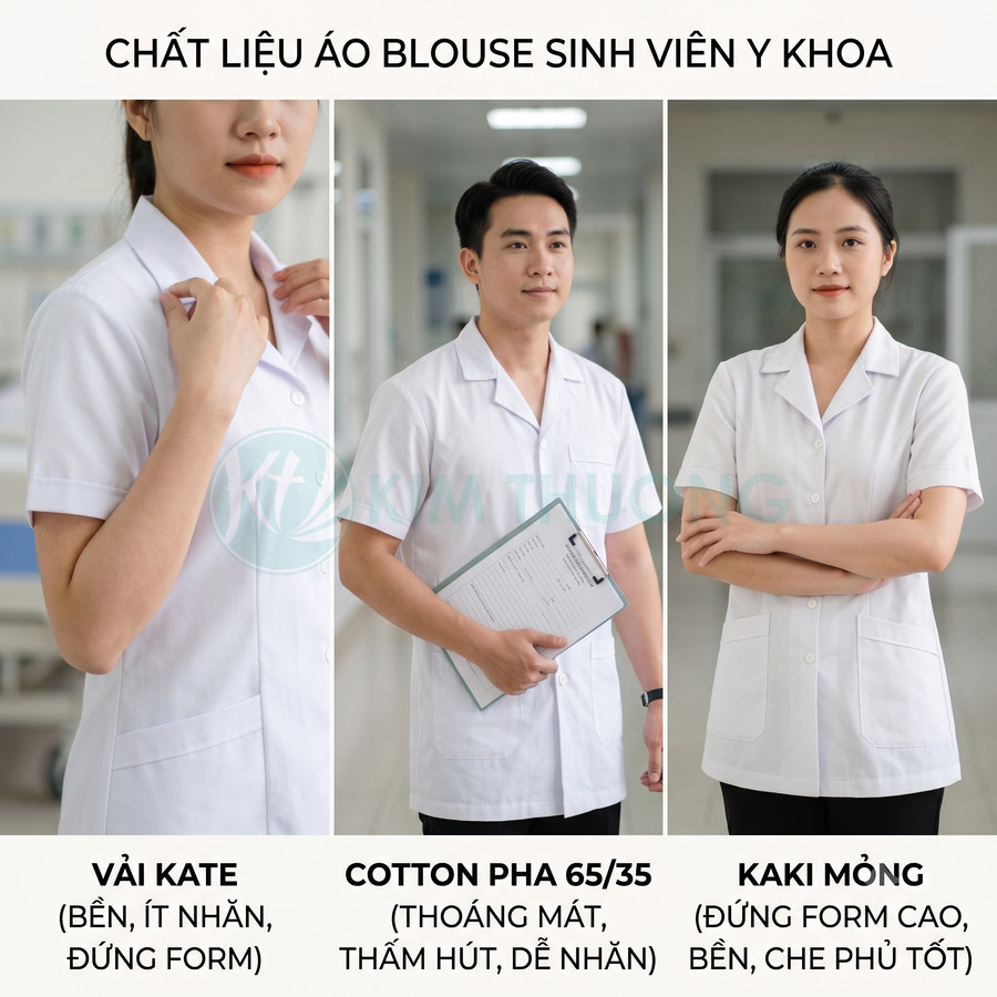 Áo blouse sinh viên y khoa tay ngắn màu trắng với ba chất liệu vải kate, cotton pha 65 35 và kaki mỏng