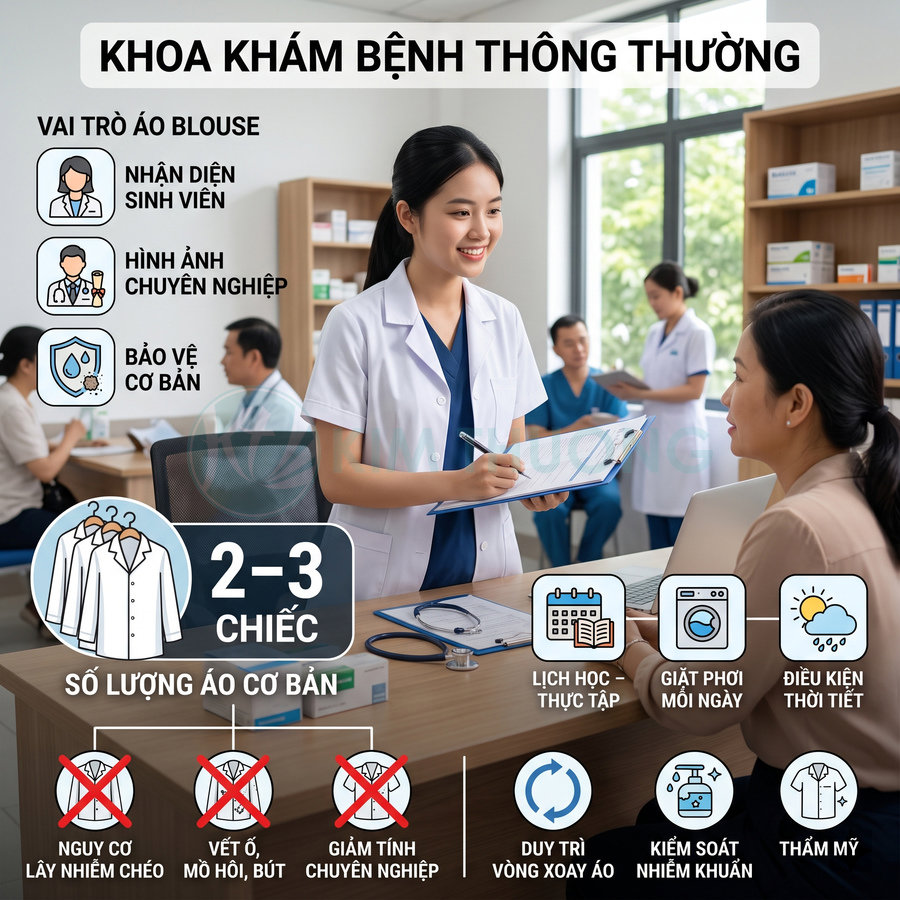 Nữ sinh viên y khoa mặc áo blouse trắng tư vấn bệnh nhân tại khoa khám bệnh thông thường
