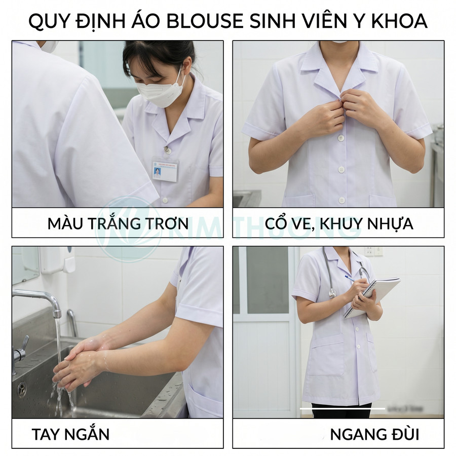 Áo blouse trắng tay ngắn cổ ve khuy nhựa cho sinh viên y khoa, dáng ngang đùi trong phòng khám