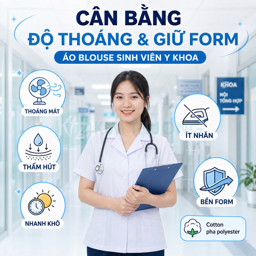 Áo blouse sinh viên y khoa cotton pha polyester, thoáng mát, thấm hút, nhanh khô, ít nhăn và giữ form tốt
