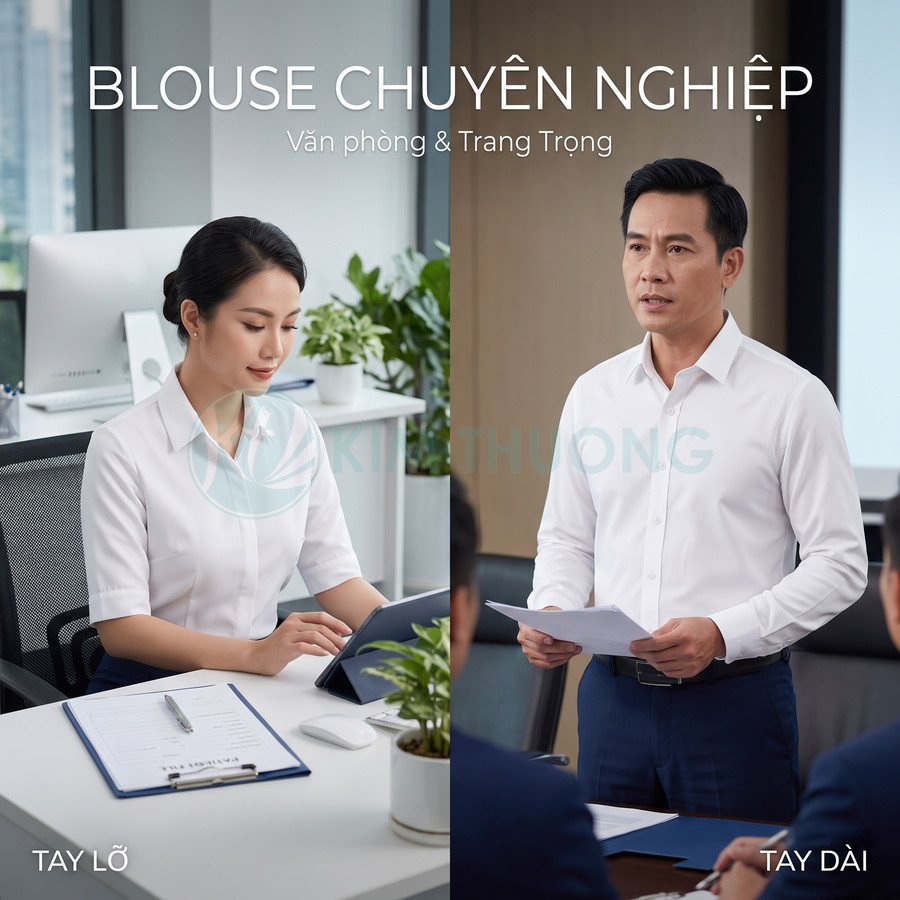 Áo blouse công sở trắng tay lỡ cho nữ và tay dài cho nam, phong cách văn phòng trang trọng