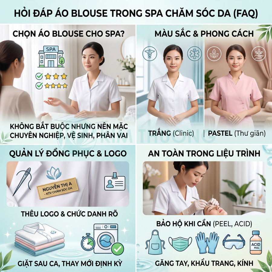 Áo blouse spa chăm sóc da màu trắng và pastel cho nhân viên thẩm mỹ, đồng phục chuyên nghiệp sạch sẽ