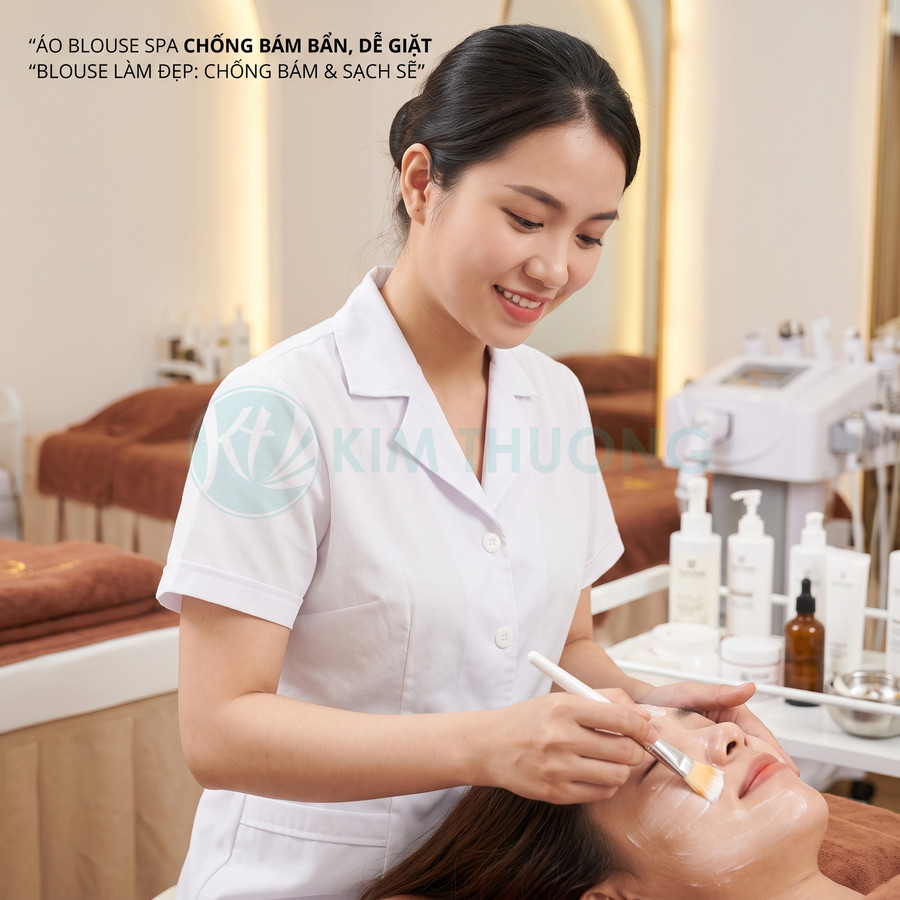 Nhân viên spa mặc áo blouse trắng Kim Thương đang chăm sóc da mặt cho khách hàng
