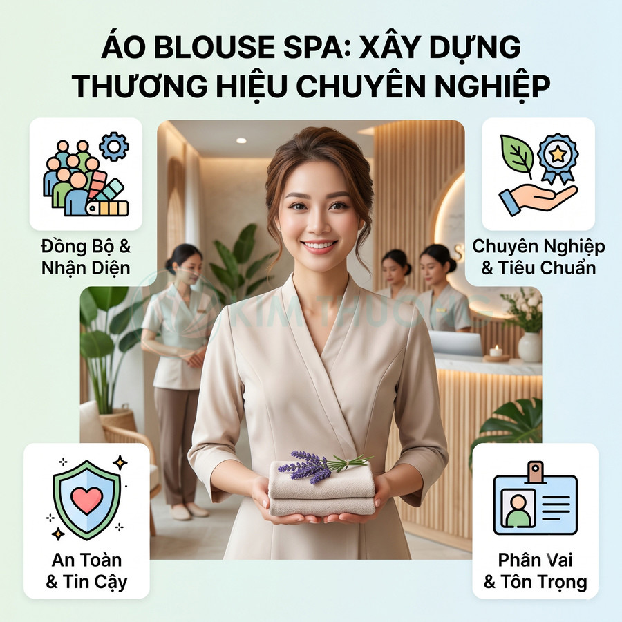 Nhân viên spa mặc áo blouse màu be cầm khăn và hoa oải hương trong không gian spa chuyên nghiệp