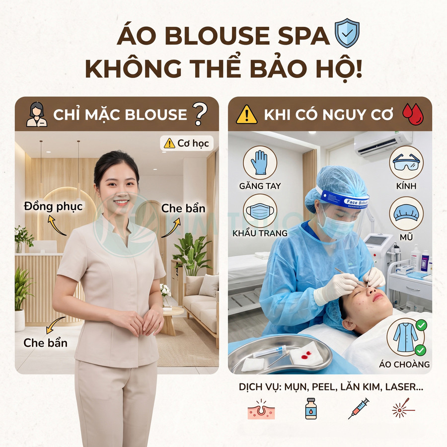 Nhân viên spa mặc áo blouse và nhân viên y tế mặc đồ bảo hộ đầy đủ khi điều trị da mặt cho khách hàng