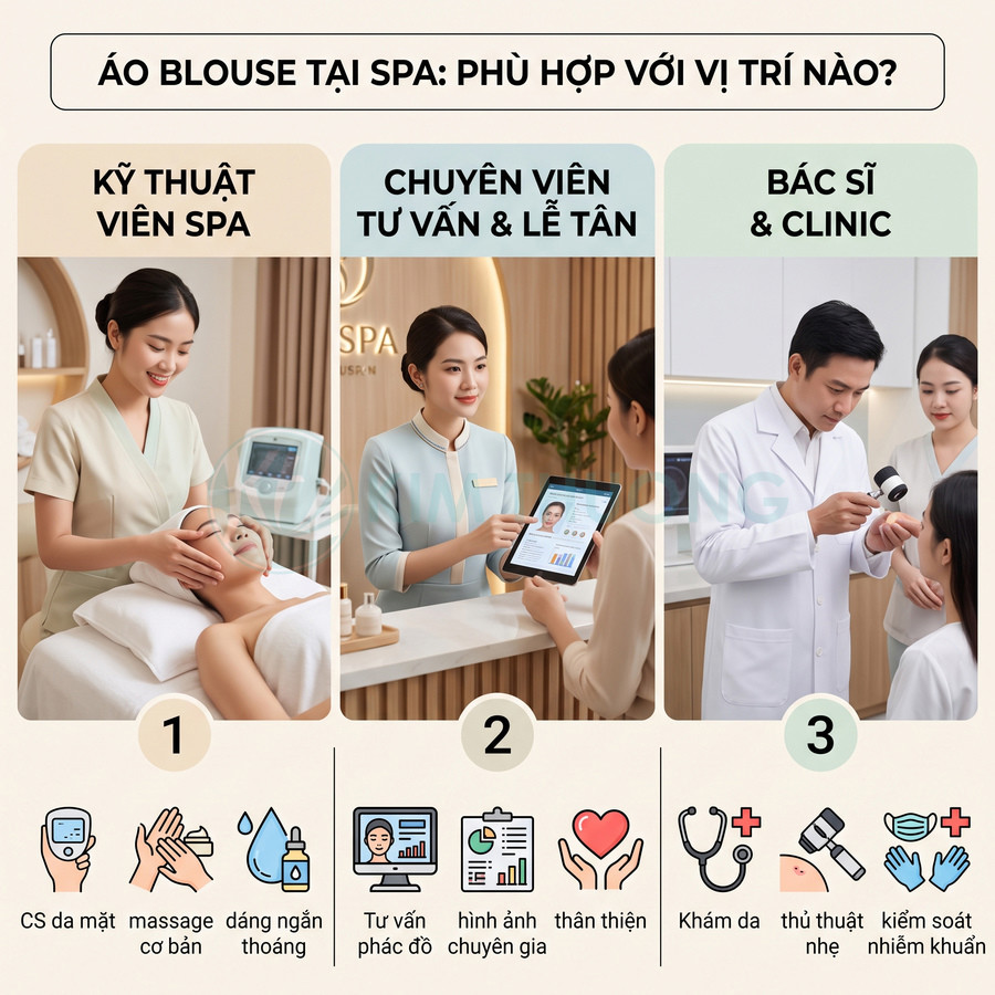 Nhân viên spa, tư vấn viên và bác sĩ mặc áo blouse chuyên nghiệp trong không gian spa, tư vấn và chăm sóc da cho khách hàng