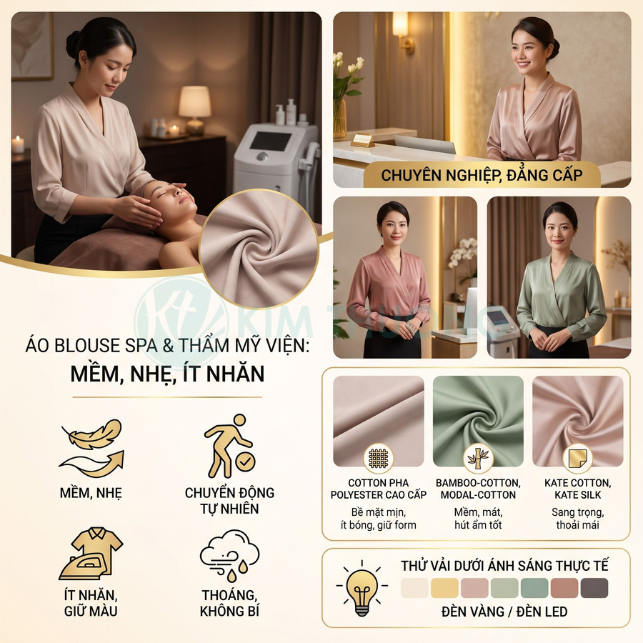 Áo blouse spa và thẩm mỹ viện cổ chữ V, vải mềm nhẹ ít nhăn, nhiều màu sắc