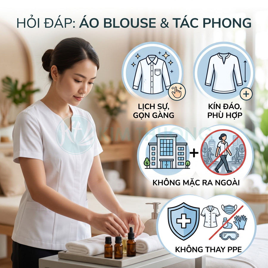 Nhân viên spa mặc áo blouse trắng gọn gàng chuẩn tác phong y tế bên bàn khăn và lọ tinh dầu