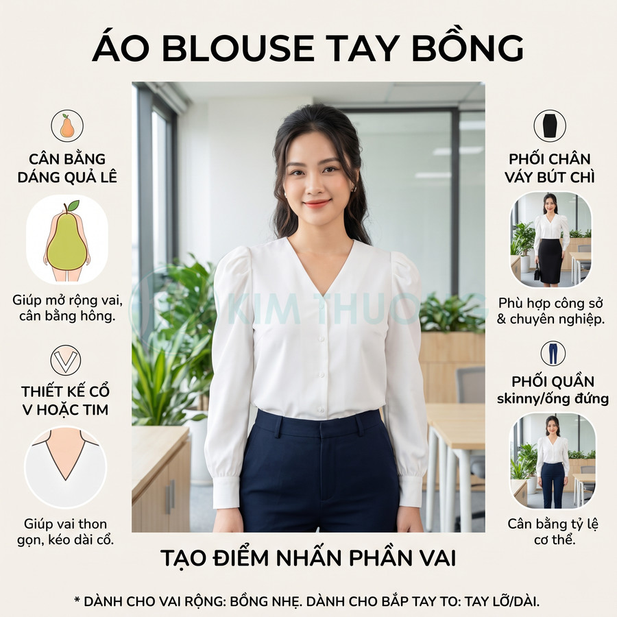 Áo blouse tay bồng màu trắng cổ chữ V cho nữ, phối quần tây xanh navy phong cách công sở thanh lịch