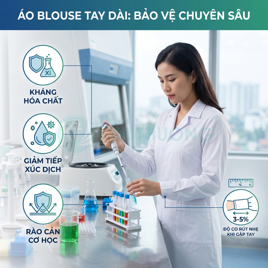 Áo blouse tay dài cho nhân viên phòng thí nghiệm, bảo vệ khi thao tác với ống nghiệm và hóa chất
