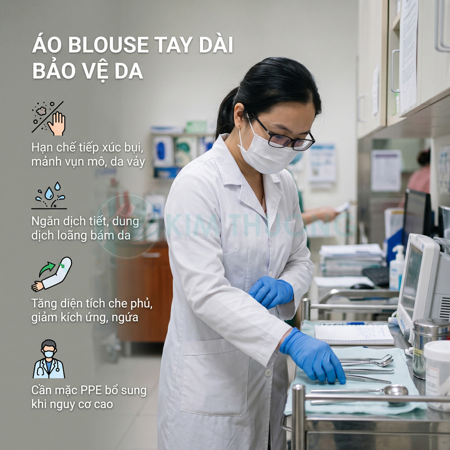 Áo blouse tay dài bảo vệ da cho nhân viên y tế đeo khẩu trang găng tay làm việc trong phòng khám