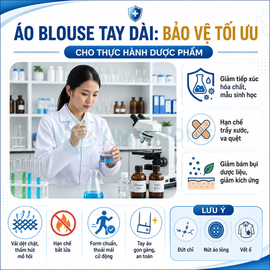 Áo blouse tay dài cho sinh viên dược phẩm, chất vải dệt chặt thấm hút mồ hôi, form chuẩn an toàn trong phòng thí nghiệm