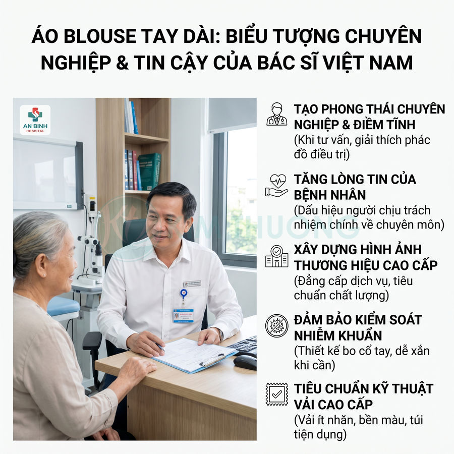 Bác sĩ bệnh viện An Bình mặc áo blouse tay dài tư vấn cho bệnh nhân lớn tuổi trong phòng khám hiện đại