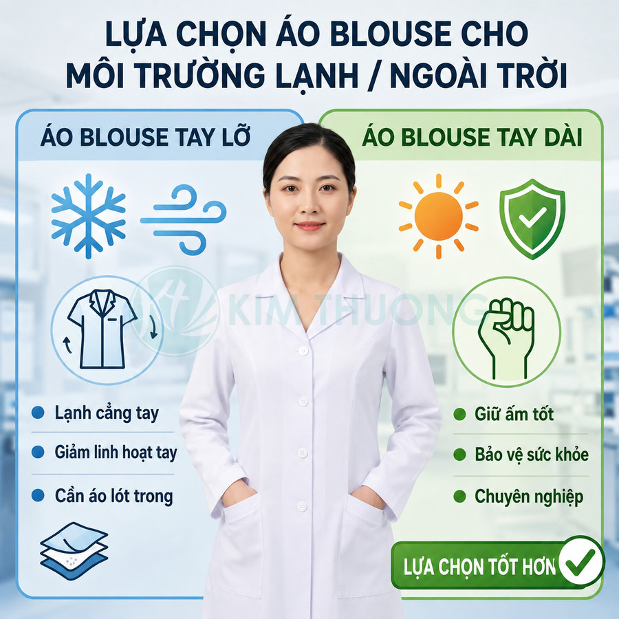 Nữ bác sĩ mặc áo blouse tay dài màu trắng đứng trong bệnh viện, so sánh ưu điểm áo blouse tay lỡ và tay dài