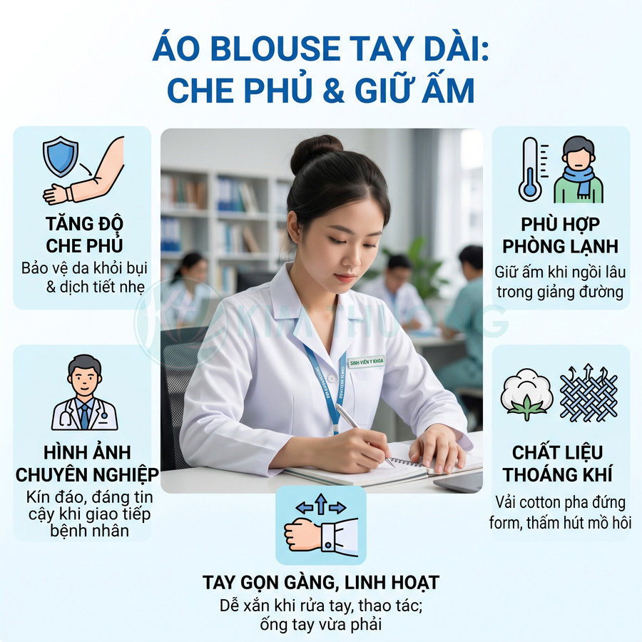 Áo blouse tay dài cho sinh viên y khoa màu trắng, chất liệu thoáng khí, tay gọn gàng phù hợp môi trường bệnh viện