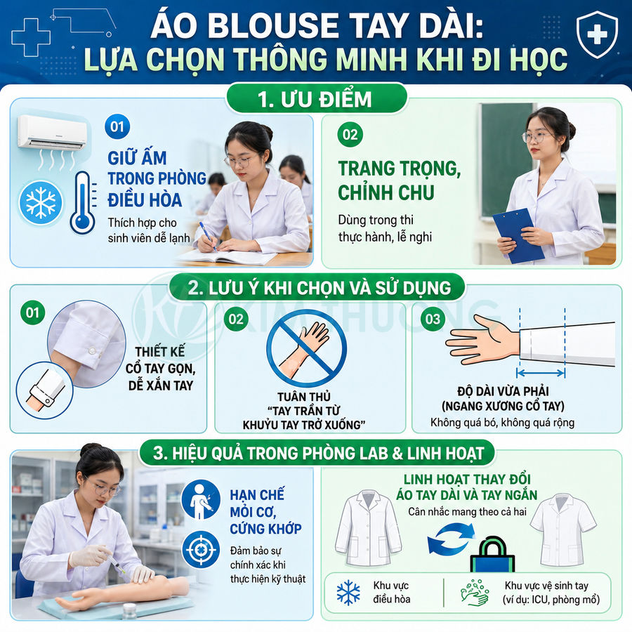 Áo blouse tay dài cho sinh viên y khoa, thiết kế cổ tay gọn, phù hợp phòng lab và phòng điều hòa