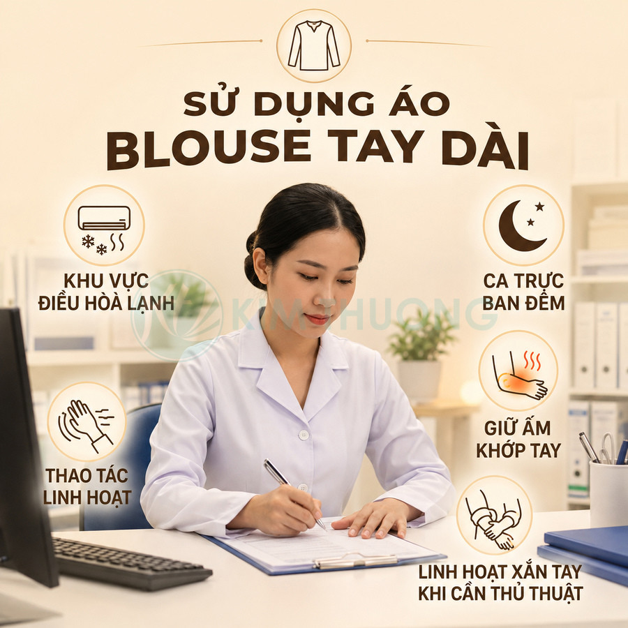 Nữ nhân viên y tế mặc áo blouse tay dài màu trắng ngồi ghi chép tại bàn làm việc trong phòng khám