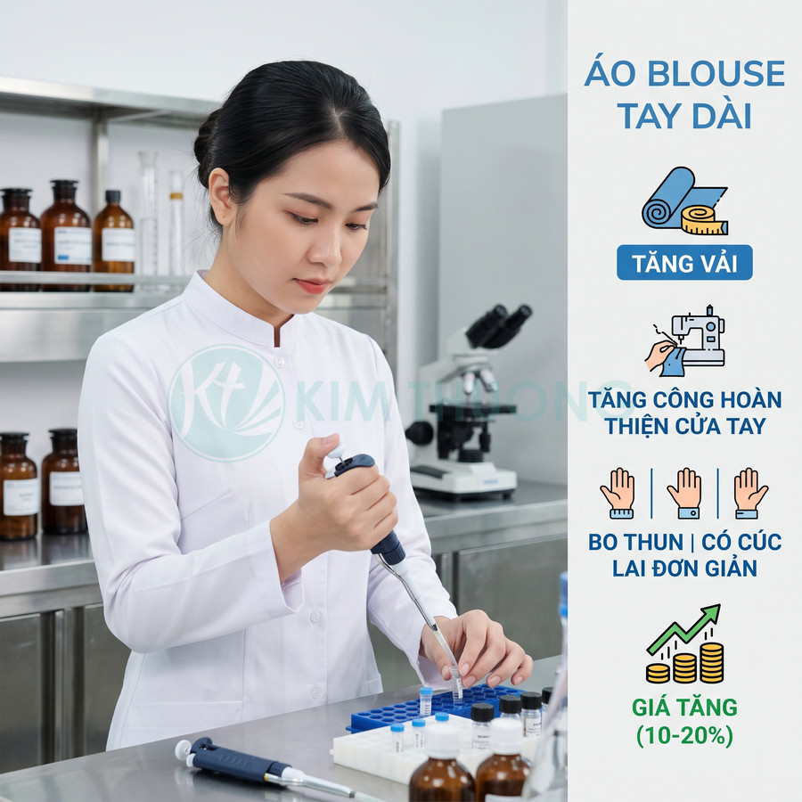 Áo blouse tay dài màu trắng cho nữ nhân viên phòng thí nghiệm đang thao tác với ống nghiệm
