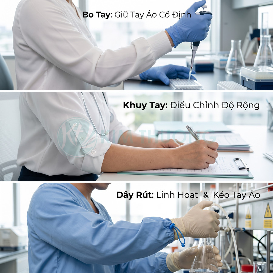 Áo blouse phòng thí nghiệm với bo tay, khuy tay và dây rút điều chỉnh độ rộng tay áo tiện lợi