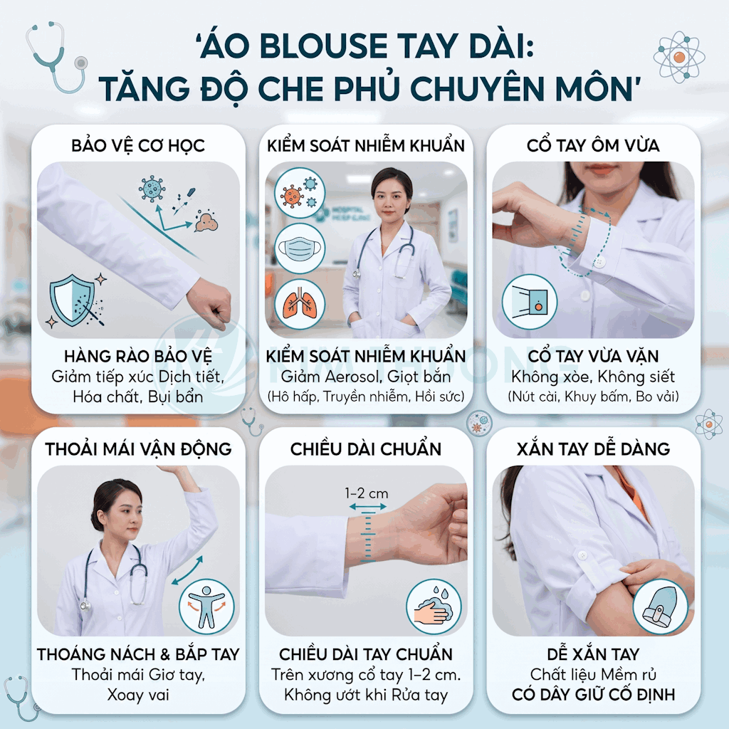 Áo blouse tay dài cho bác sĩ với thiết kế cổ tay ôm, chiều dài chuẩn, dễ vận động và kiểm soát nhiễm khuẩn