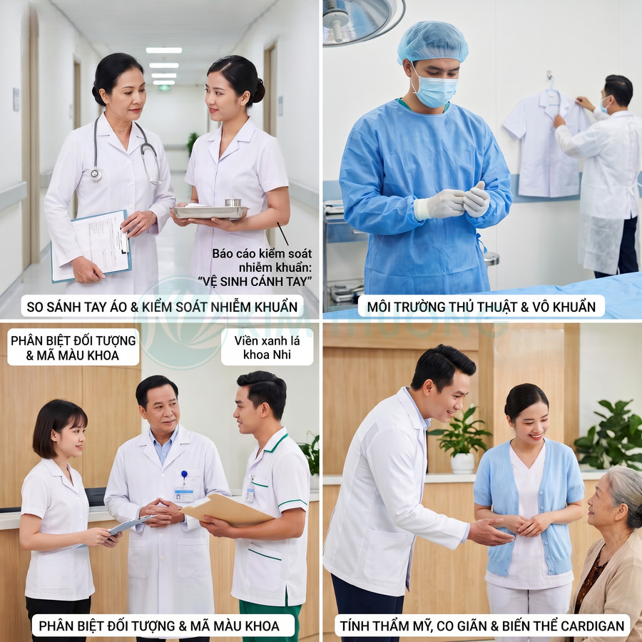 Đồng phục y tá và bác sĩ màu trắng xanh lá trong bệnh viện, phù hợp môi trường phẫu thuật và chăm sóc bệnh nhân